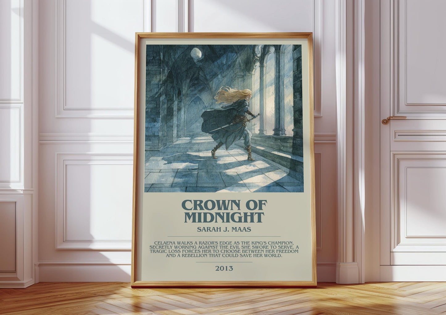 Crown of Midnight bookish print in frame leaning in hallway – fantasy wall art