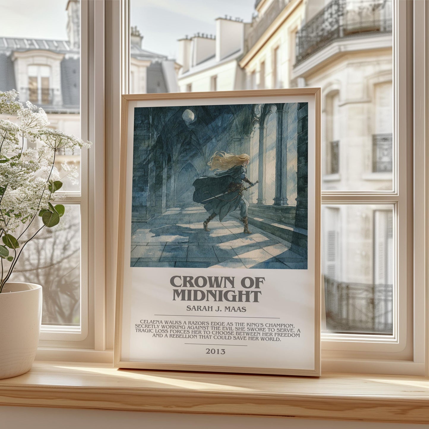 Crown of Midnight bookish print framed by window – literary home decor