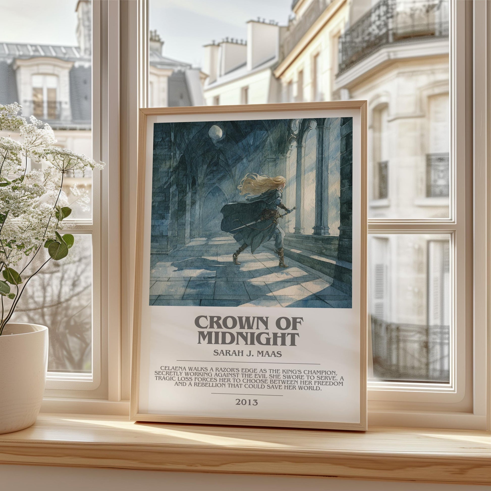 Crown of Midnight bookish print framed by window – literary home decor