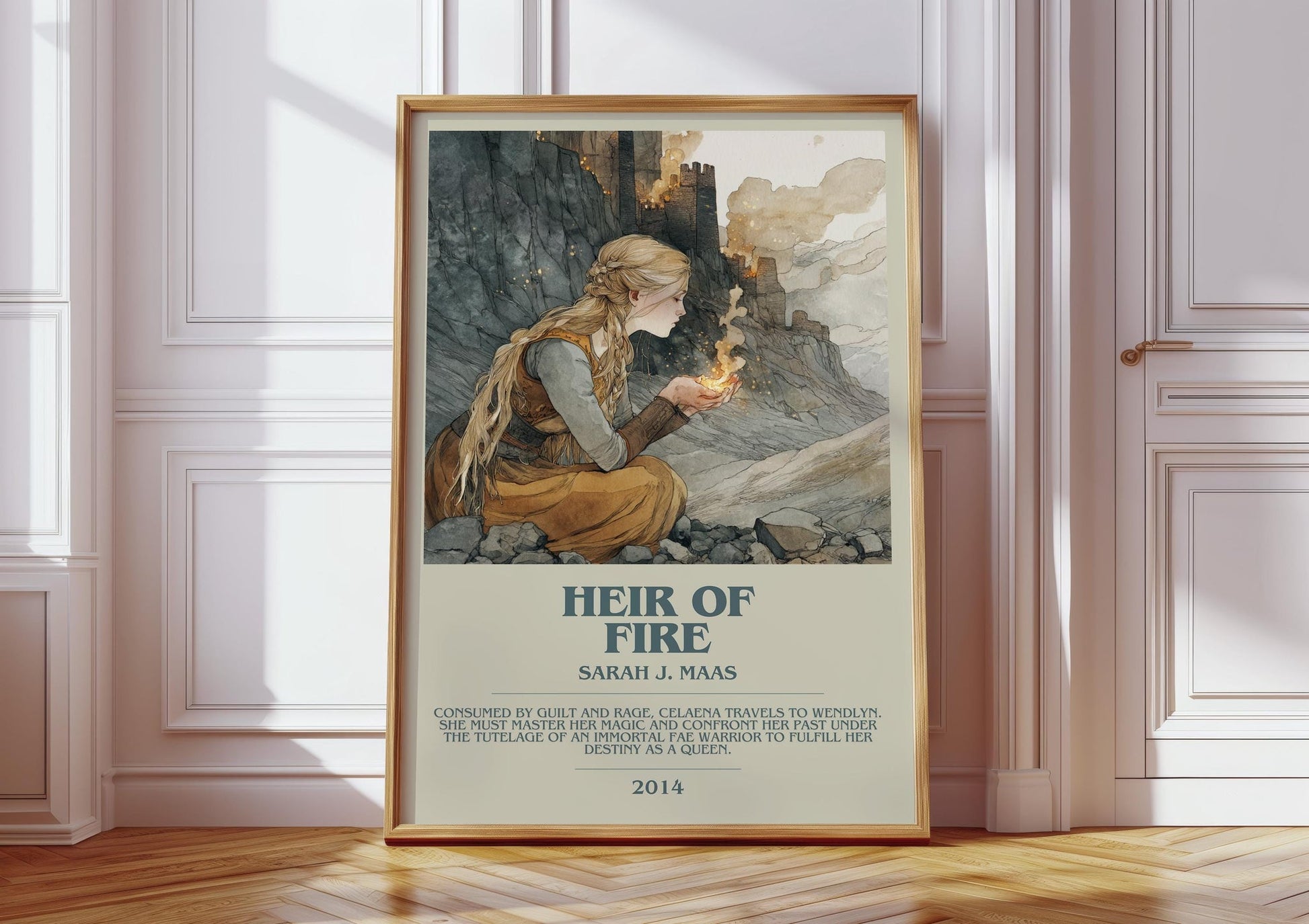 Heir of Fire bookish print in frame leaning in hallway – fantasy wall art