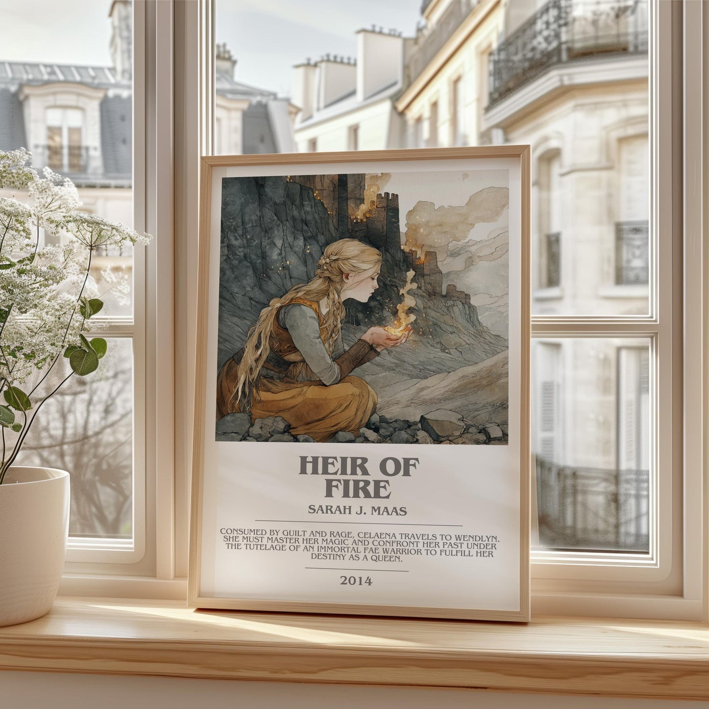 Heir of Fire bookish print framed by window – literary home decor