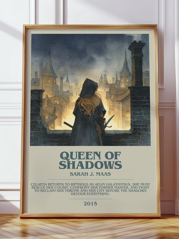 Queen of Shadows bookish print in frame leaning in hallway – horror wall art