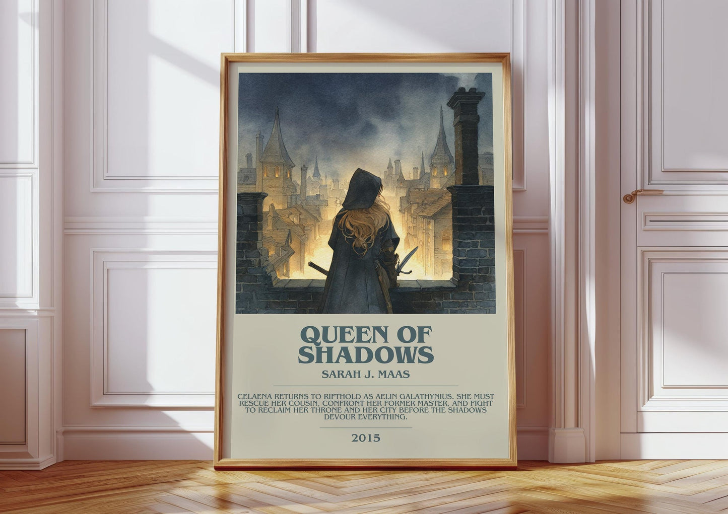 Queen of Shadows bookish print in frame leaning in hallway – horror wall art
