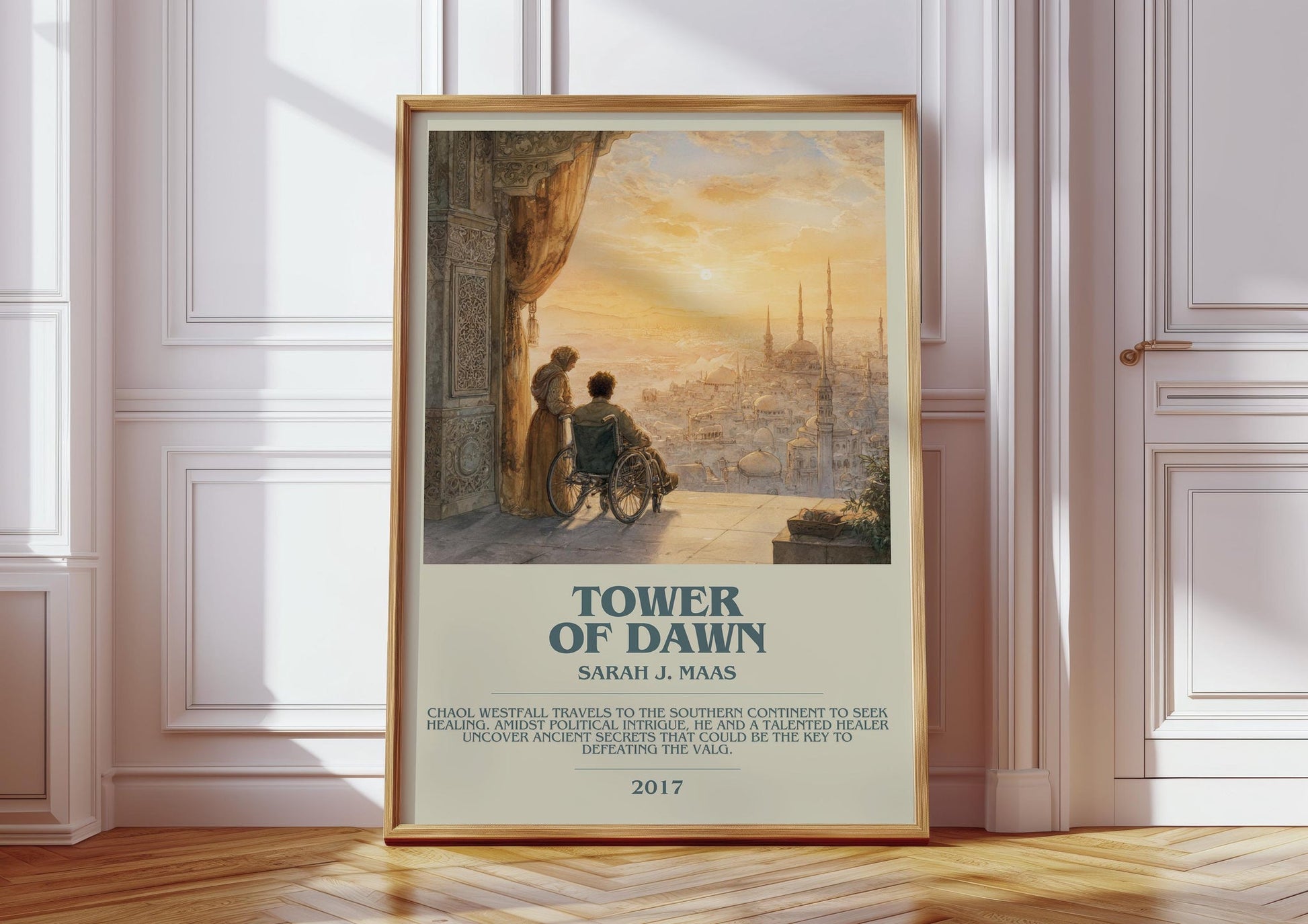 Tower of Dawn bookish print in frame leaning in hallway – fantasy wall art