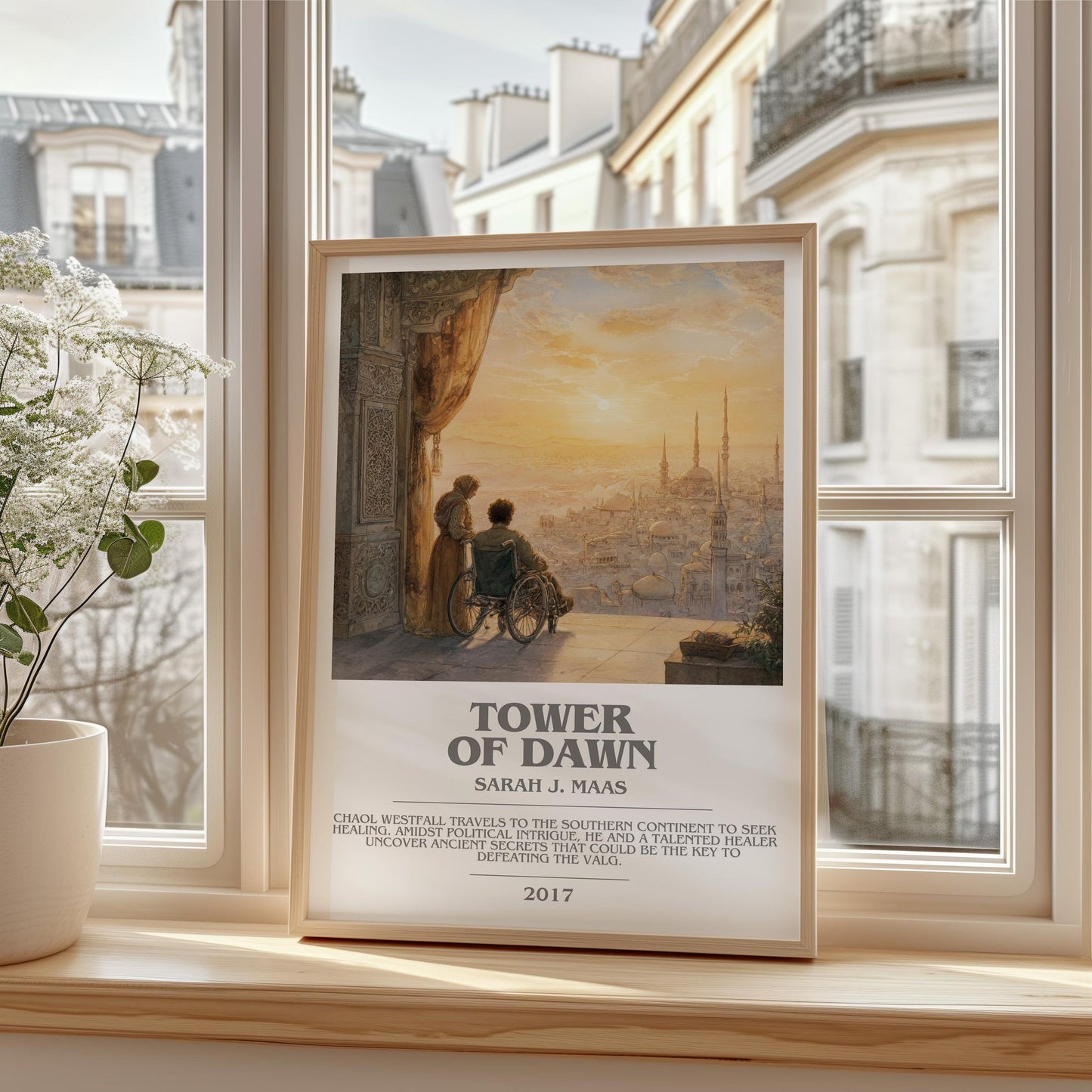 Tower of Dawn bookish print framed by window – literary home decor