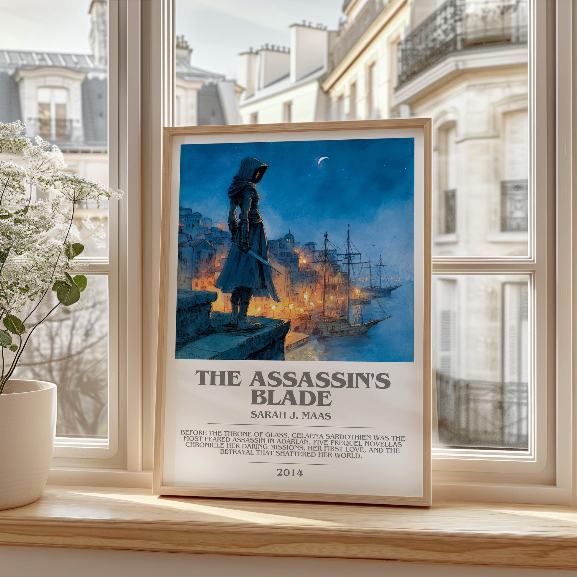 The Assassin's Blade bookish print framed by window – literary home decor