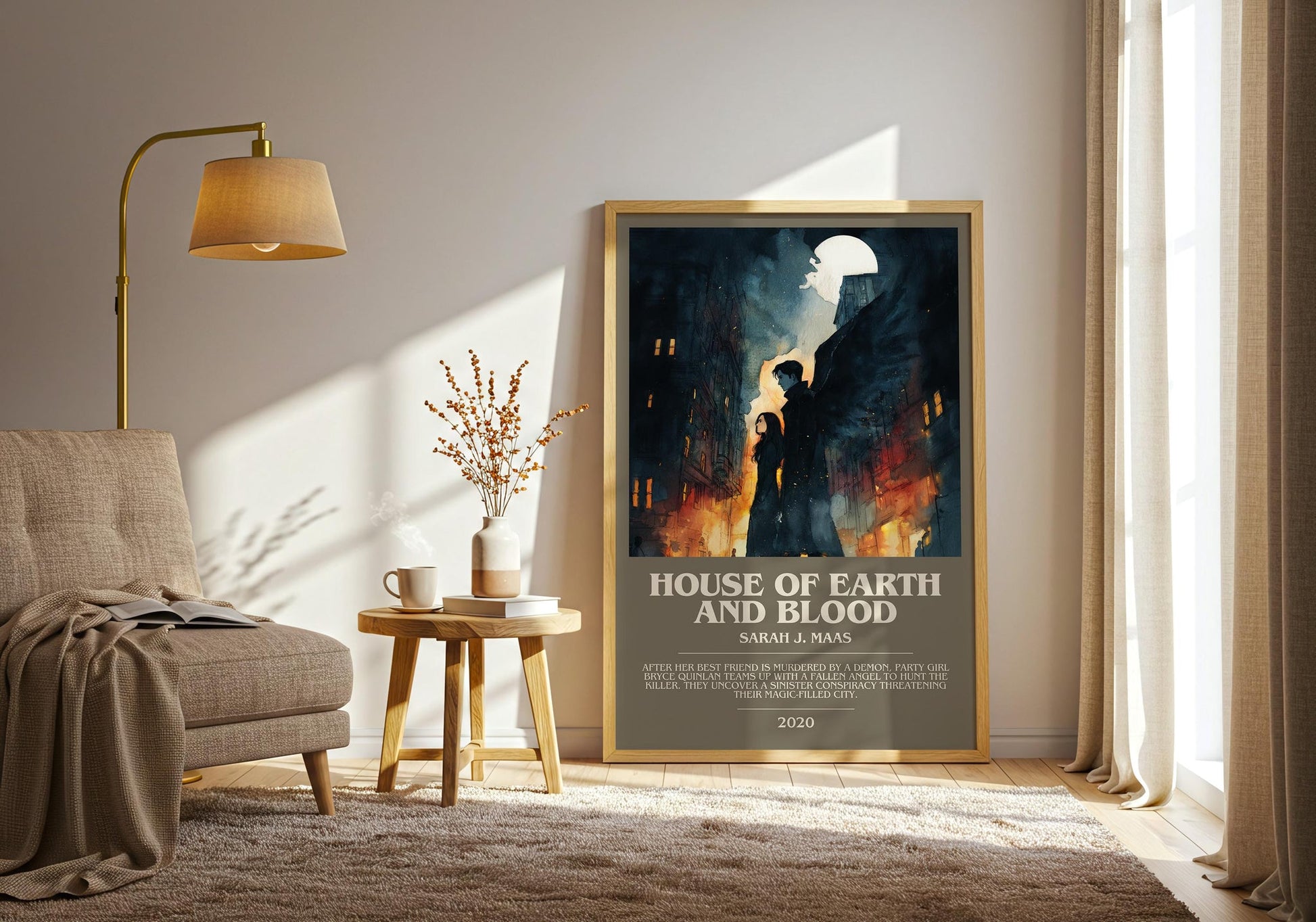House of Earth and Blood bookish print on bookshelf – Sarah J. Maas fan gift