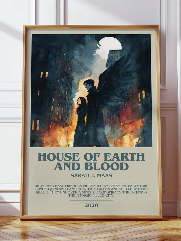House of Earth and Blood bookish print in frame leaning in hallway – fantasy wall art