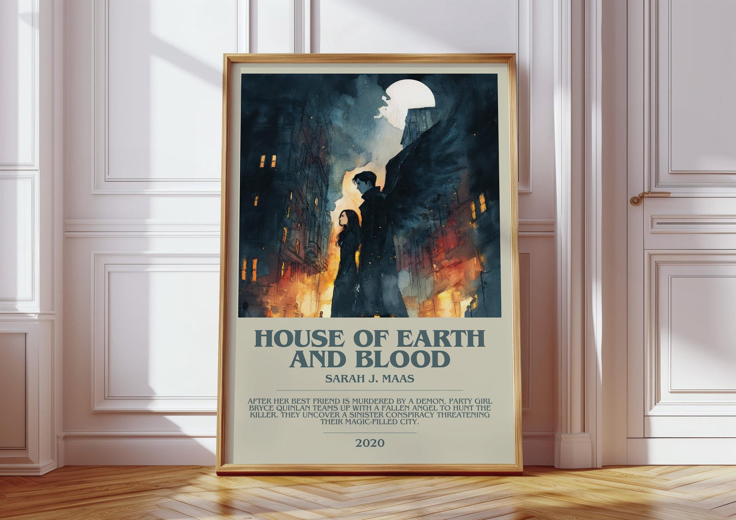 House of Earth and Blood bookish print in frame leaning in hallway – fantasy wall art