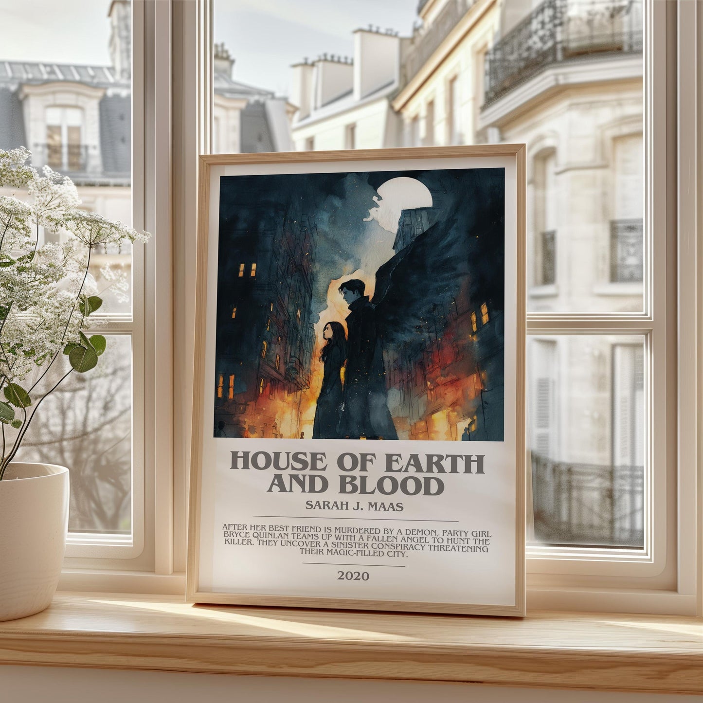 House of Earth and Blood bookish print framed by window – literary home decor