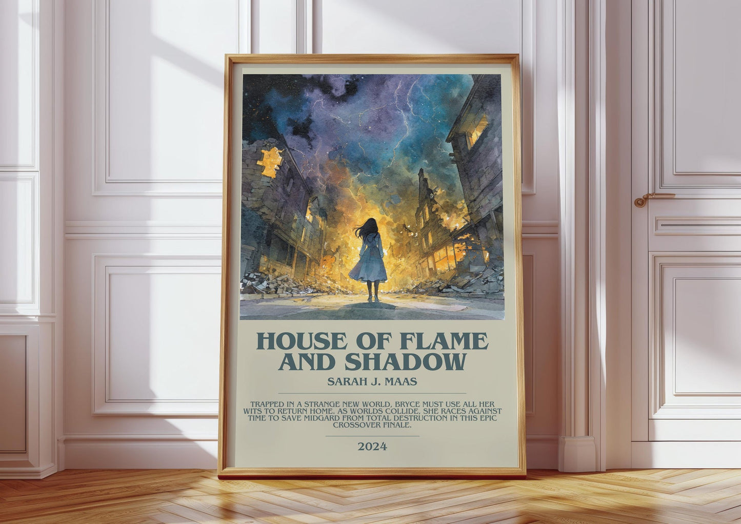 House Of Flame And Shadow bookish print in frame leaning in hallway – fantasy wall art