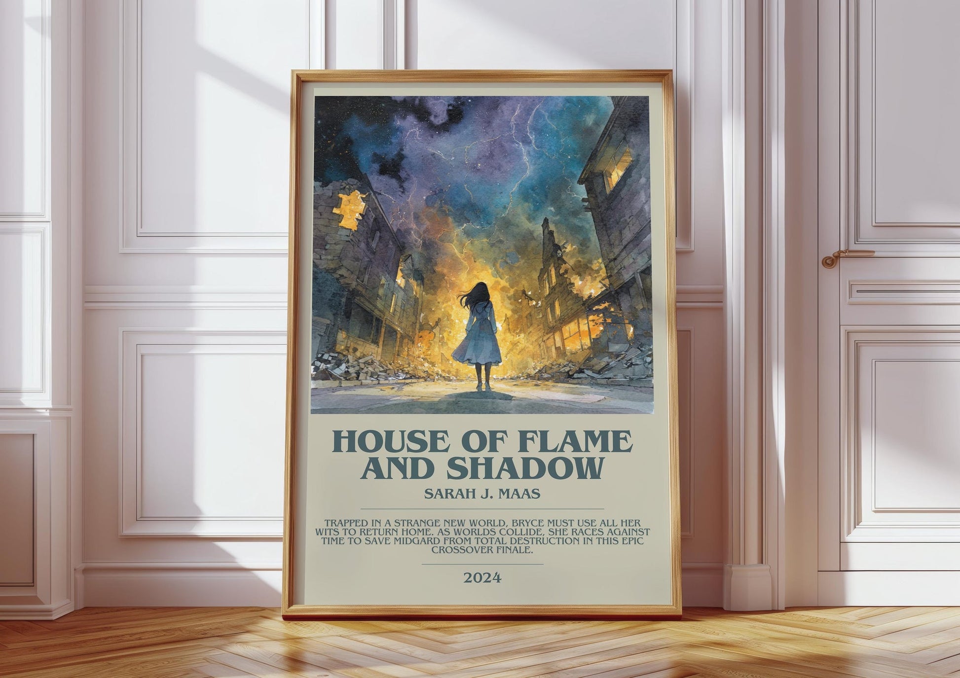 House Of Flame And Shadow bookish print in frame leaning in hallway – fantasy wall art