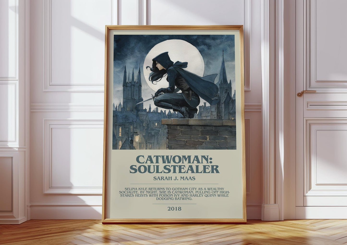 Catwoman: Soulstealer bookish print in frame leaning in hallway – fantasy wall art