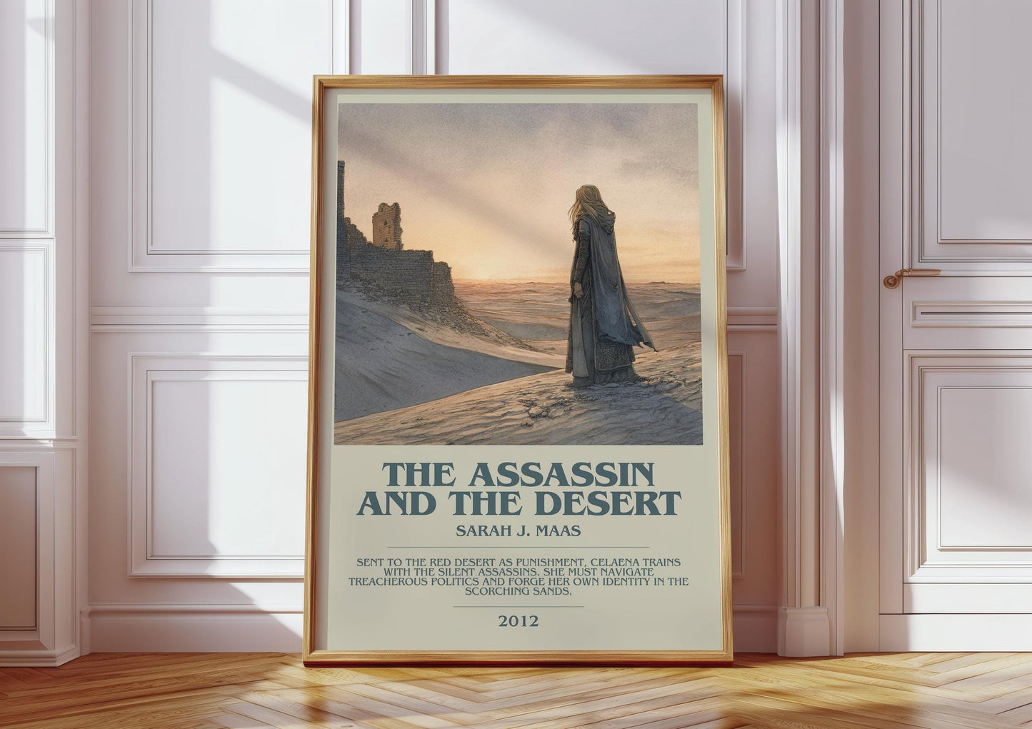 The Assassin And The Desert bookish print in frame leaning in hallway – childrens wall art
