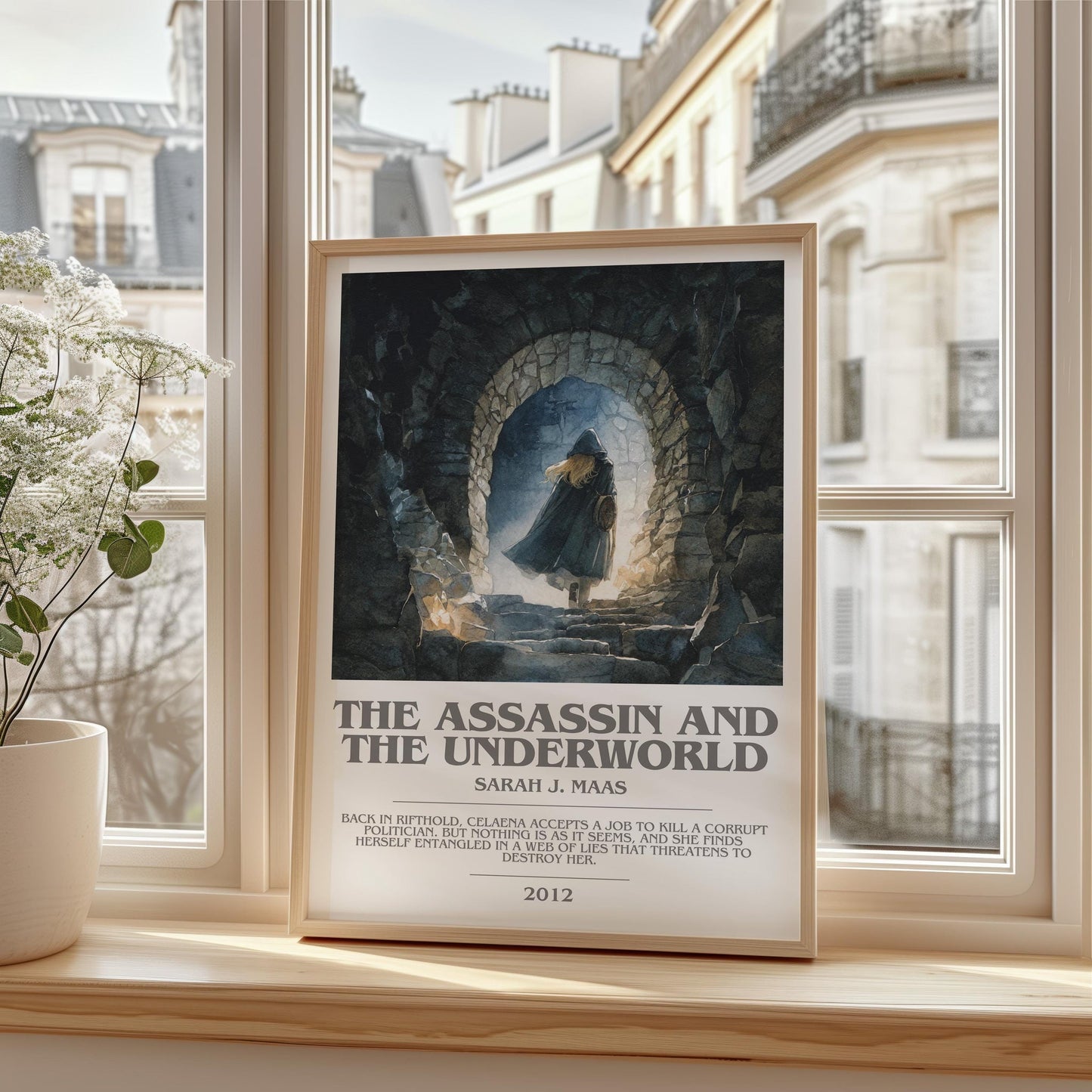 The Assassin And The Underworld bookish print framed by window – literary home decor