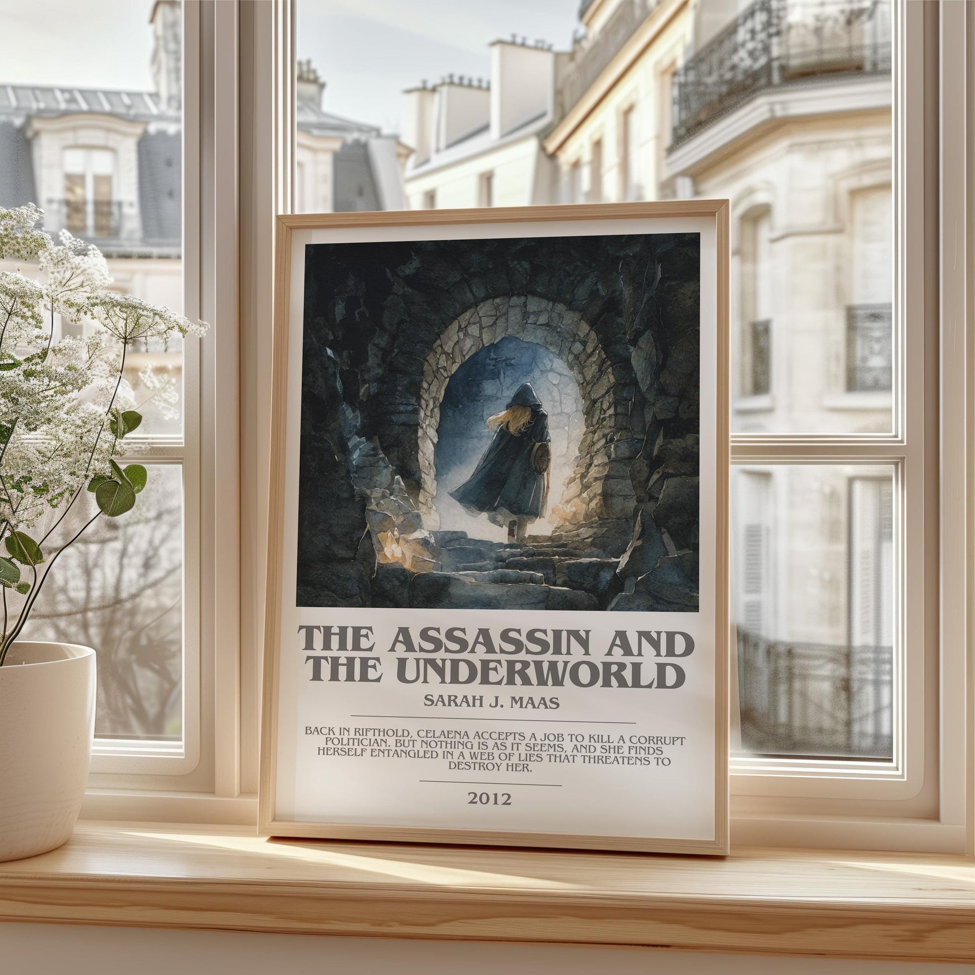 The Assassin And The Underworld bookish print framed by window – literary home decor