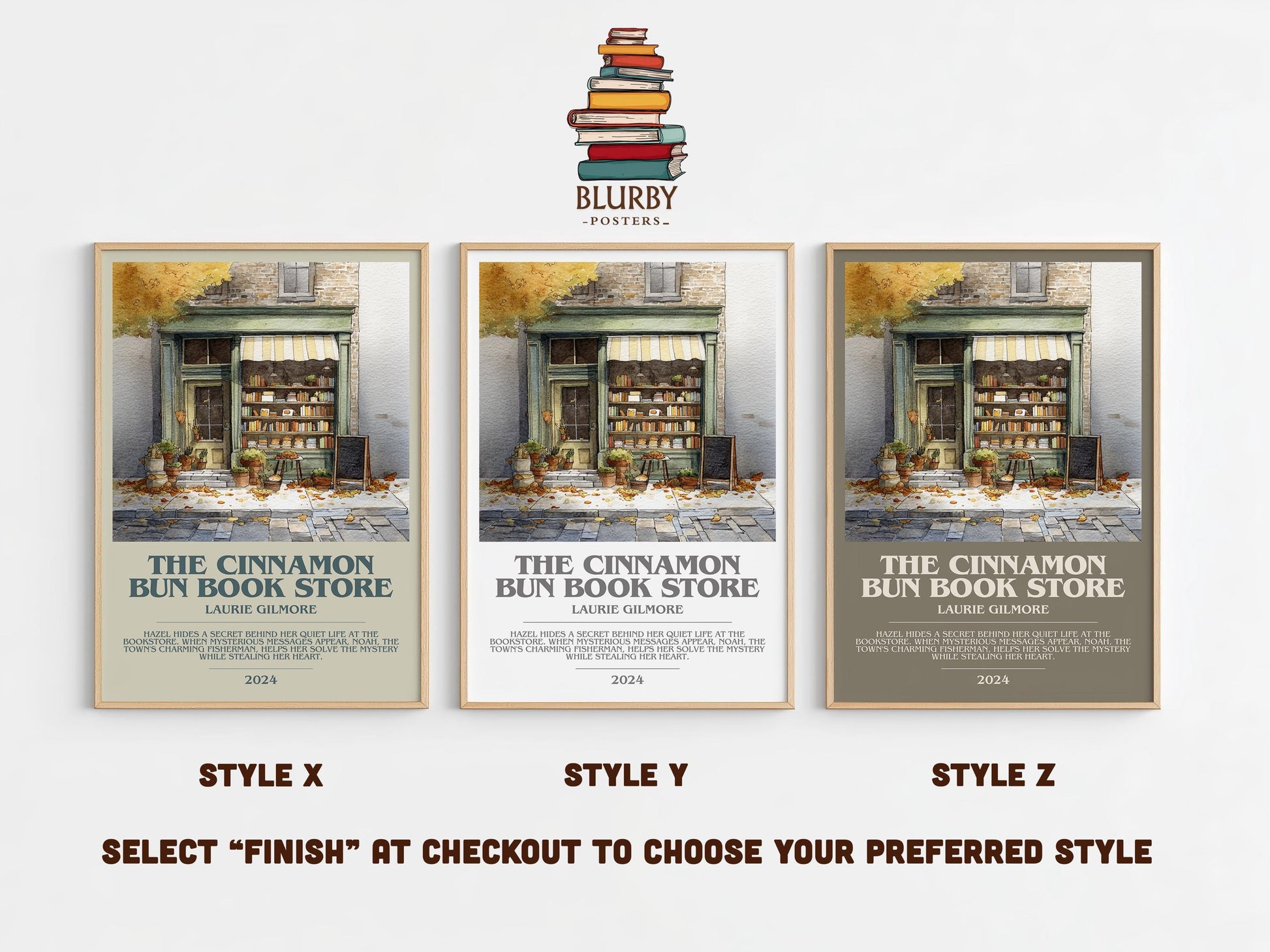 The Cinnamon Bun Book Store bookish poster colour and style options – Laurie Gilmore book art
