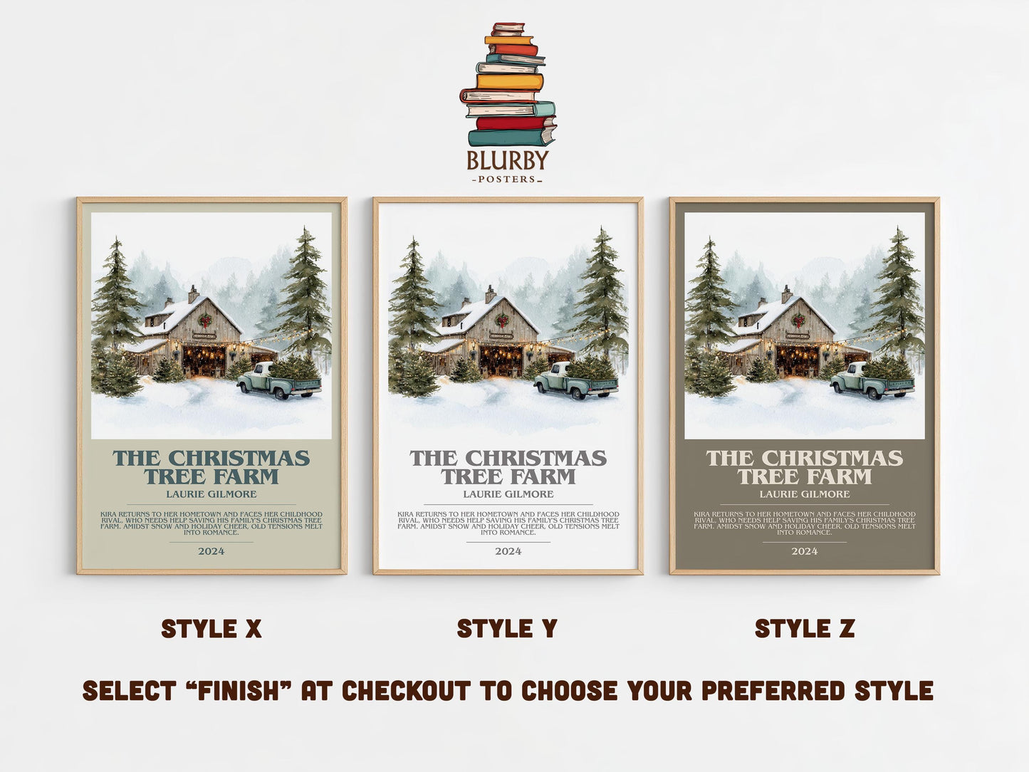 The Christmas Tree Farm bookish poster colour and style options – Laurie Gilmore book art