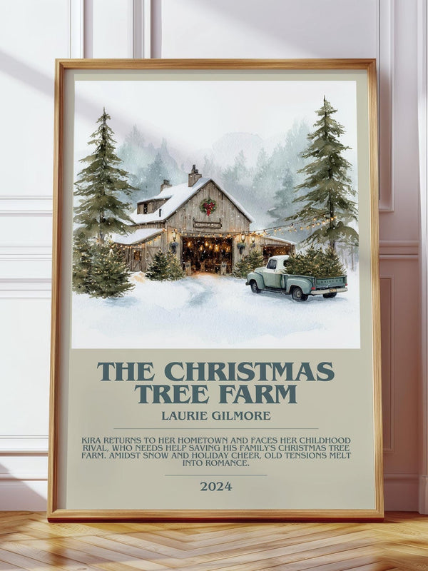 The Christmas Tree Farm bookish print in frame leaning in hallway – romance wall art