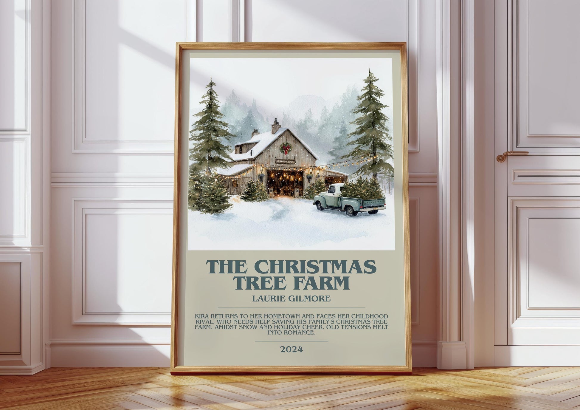 The Christmas Tree Farm bookish print in frame leaning in hallway – romance wall art