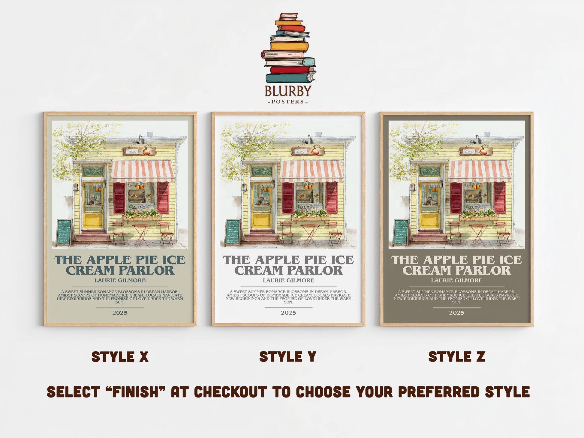 The Apple Pie Ice Cream Parlor bookish poster colour and style options – Laurie Gilmore book art