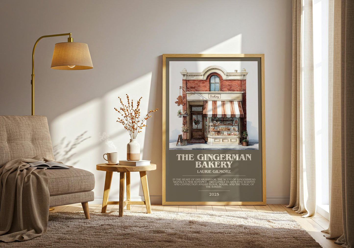 The Gingerman Bakery bookish print on bookshelf – Laurie Gilmore fan gift