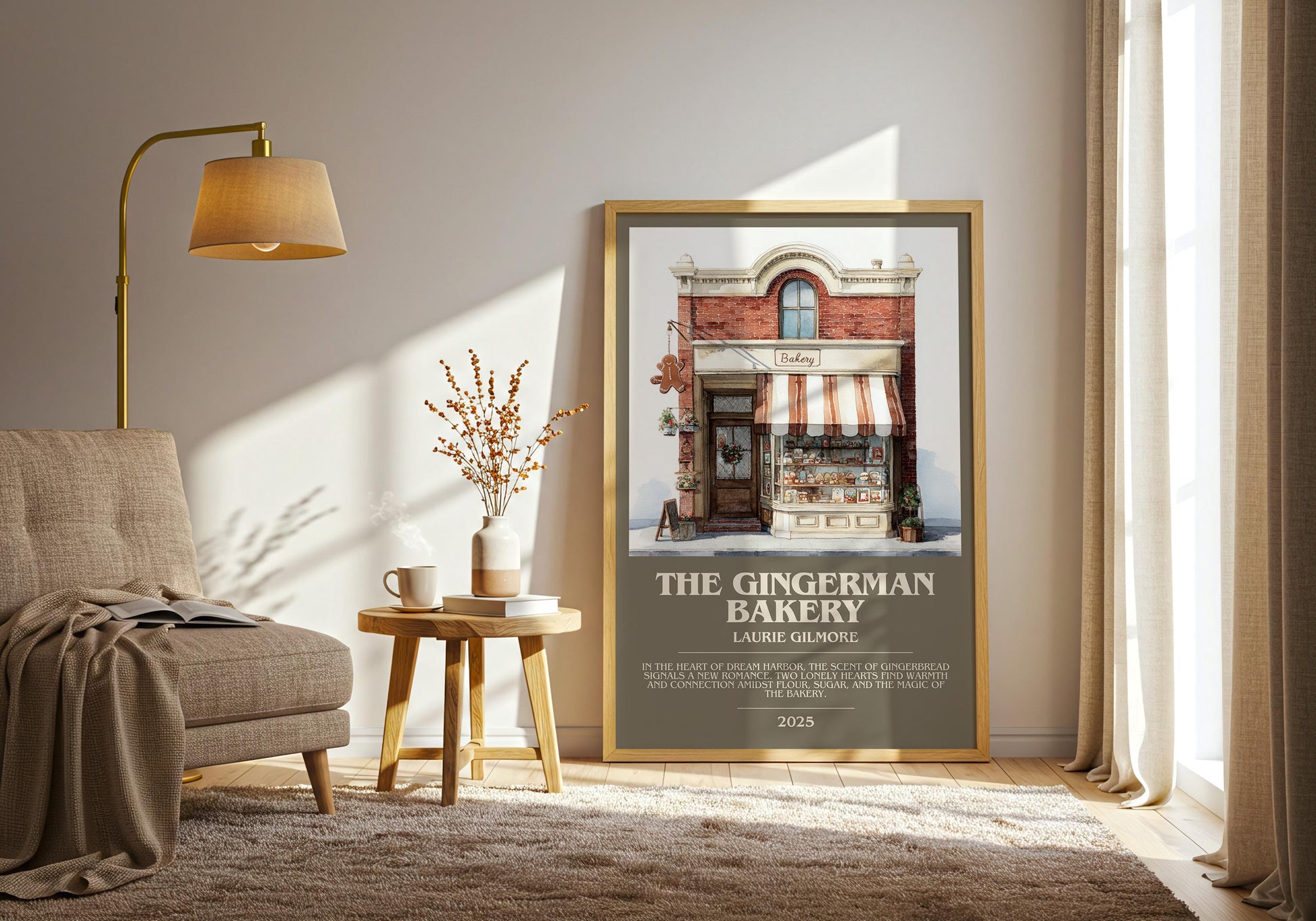 The Gingerman Bakery bookish print on bookshelf – Laurie Gilmore fan gift
