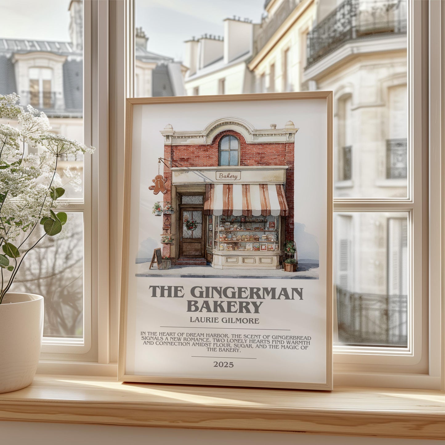 The Gingerman Bakery bookish print framed by window – literary home decor