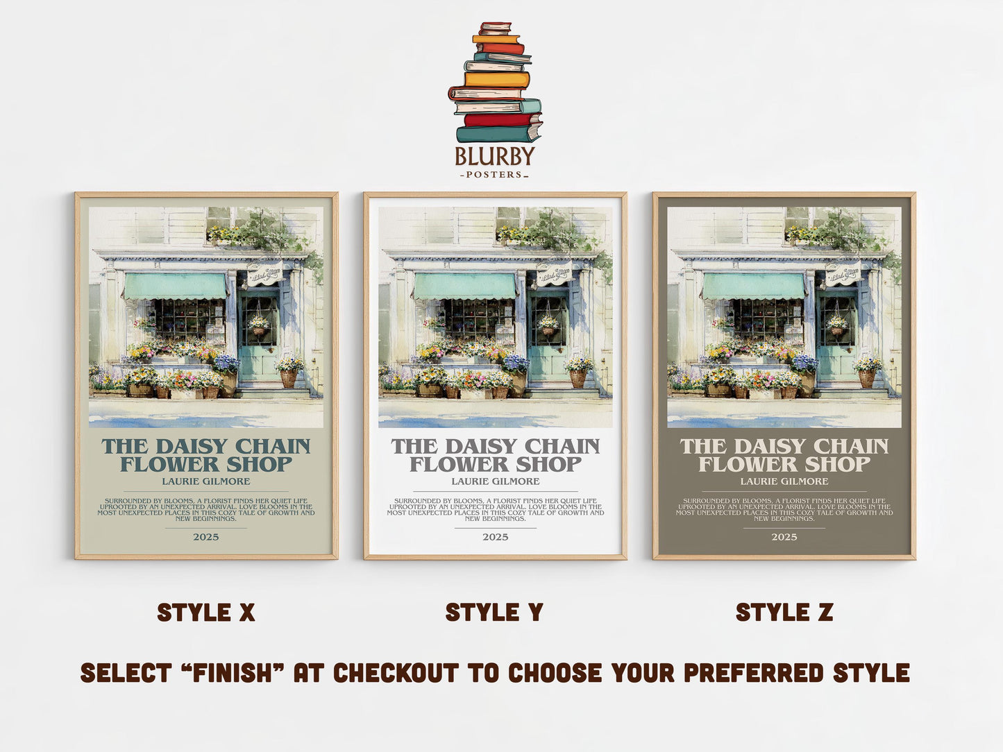 The Daisy Chain Flower Shop bookish poster colour and style options – Laurie Gilmore book art