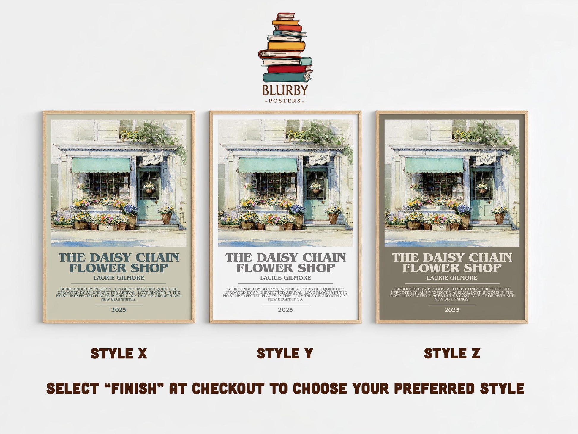 The Daisy Chain Flower Shop bookish poster colour and style options – Laurie Gilmore book art