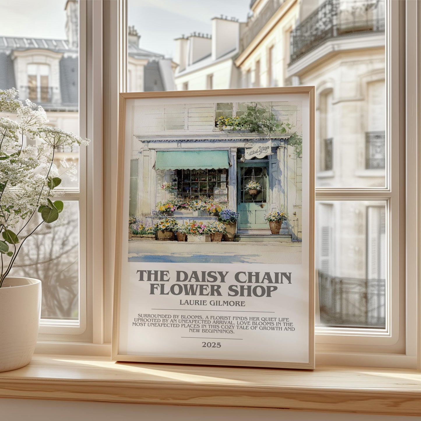The Daisy Chain Flower Shop bookish print framed by window – literary home decor