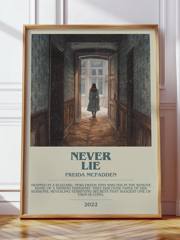 Never Lie bookish print in frame leaning in hallway – romance wall art