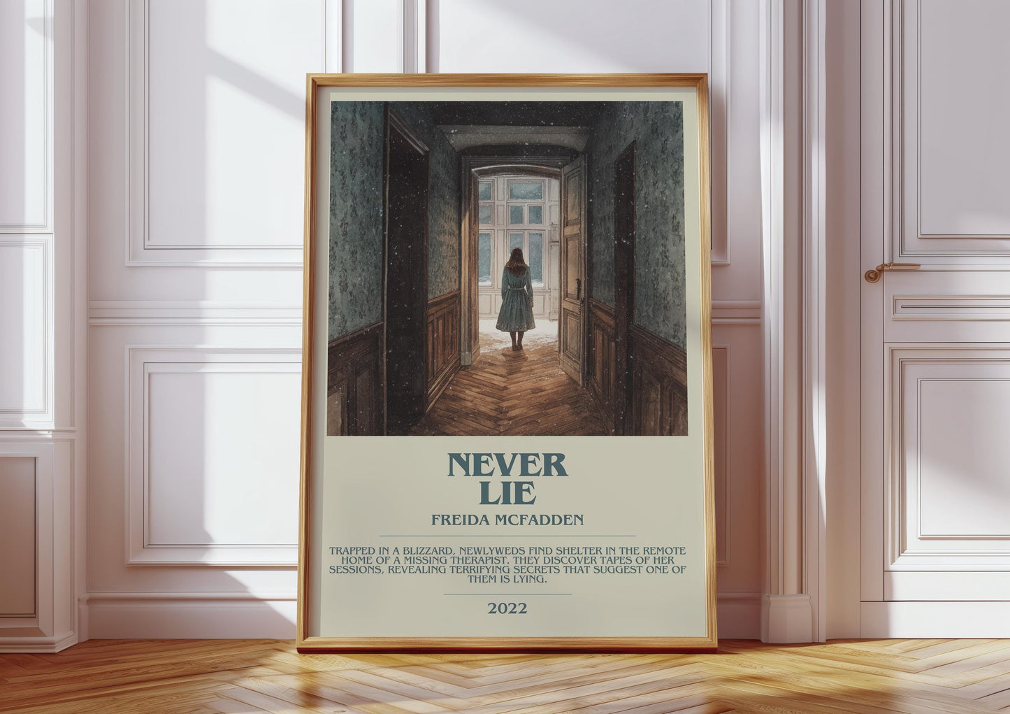 Never Lie bookish print in frame leaning in hallway – romance wall art