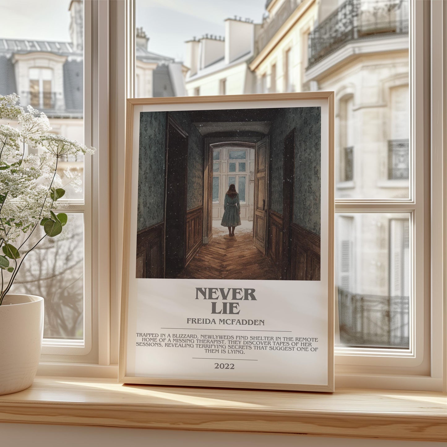 Never Lie bookish print framed by window – literary home decor