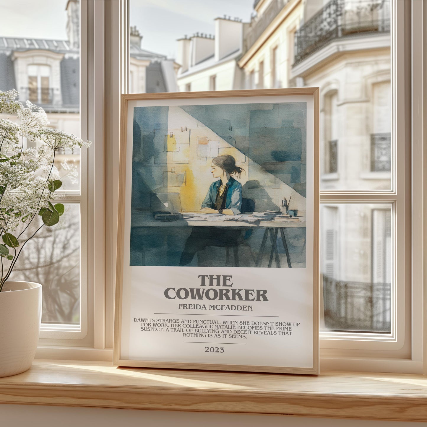 The Coworker bookish print framed by window – literary home decor