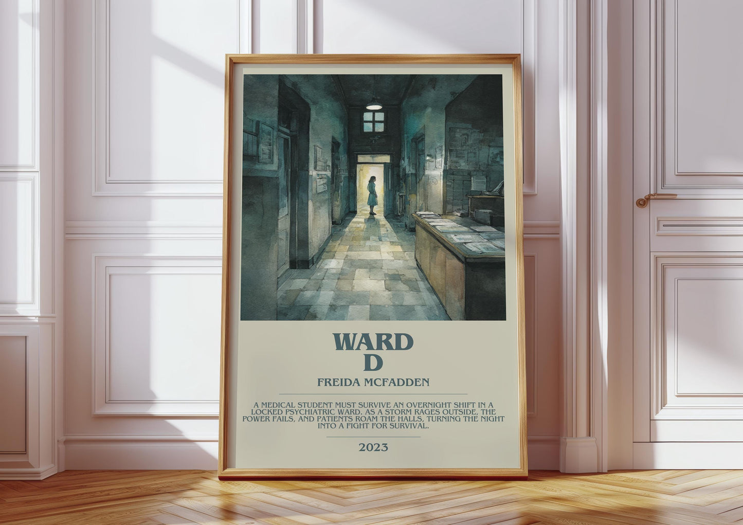 Ward D bookish print in frame leaning in hallway – classic literature wall art