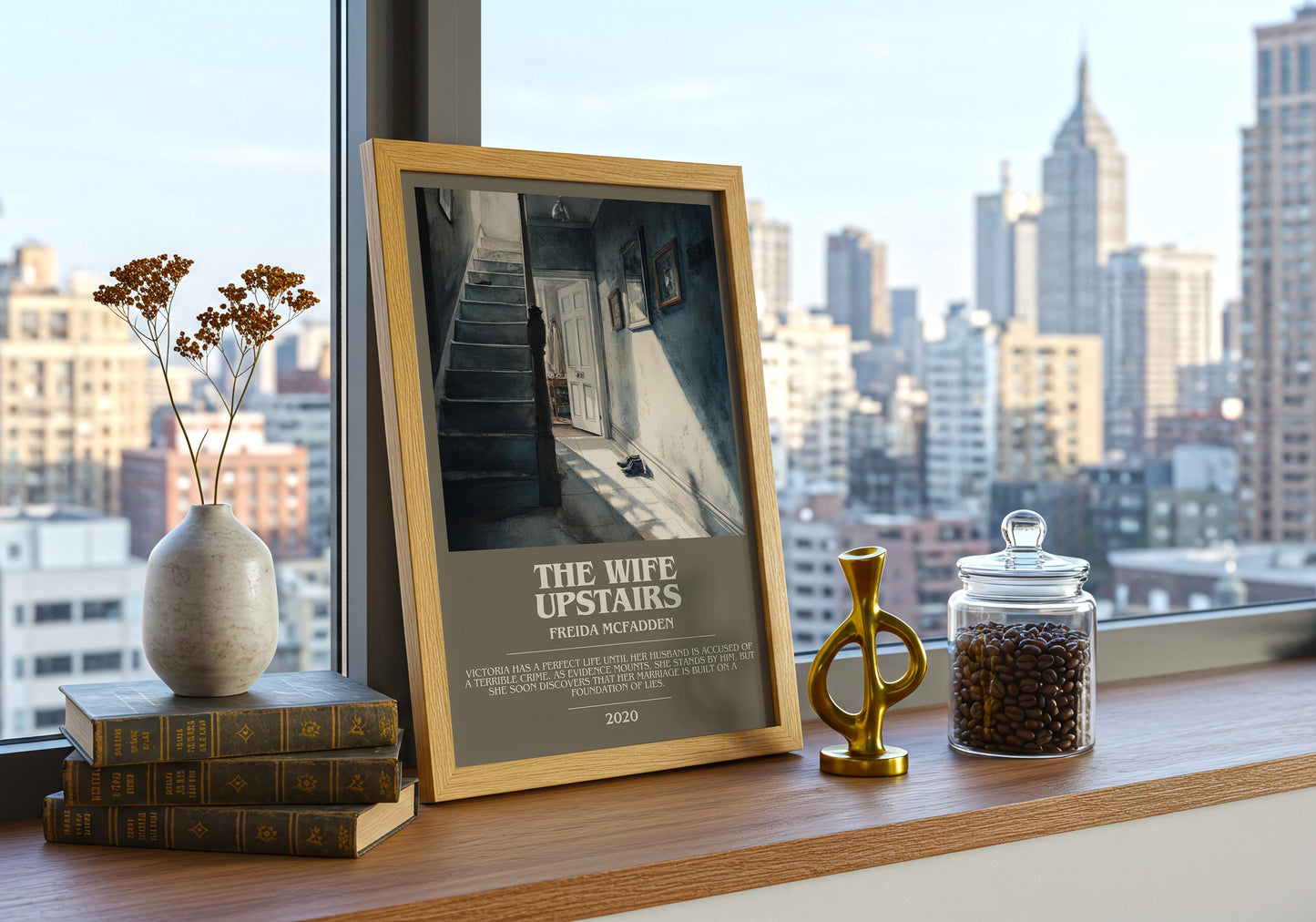 The Wife Upstairs bookish print framed by window – literary home decor