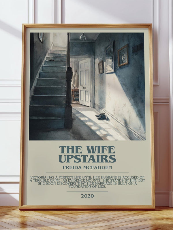 The Wife Upstairs bookish print in frame leaning in hallway – classic literature wall art