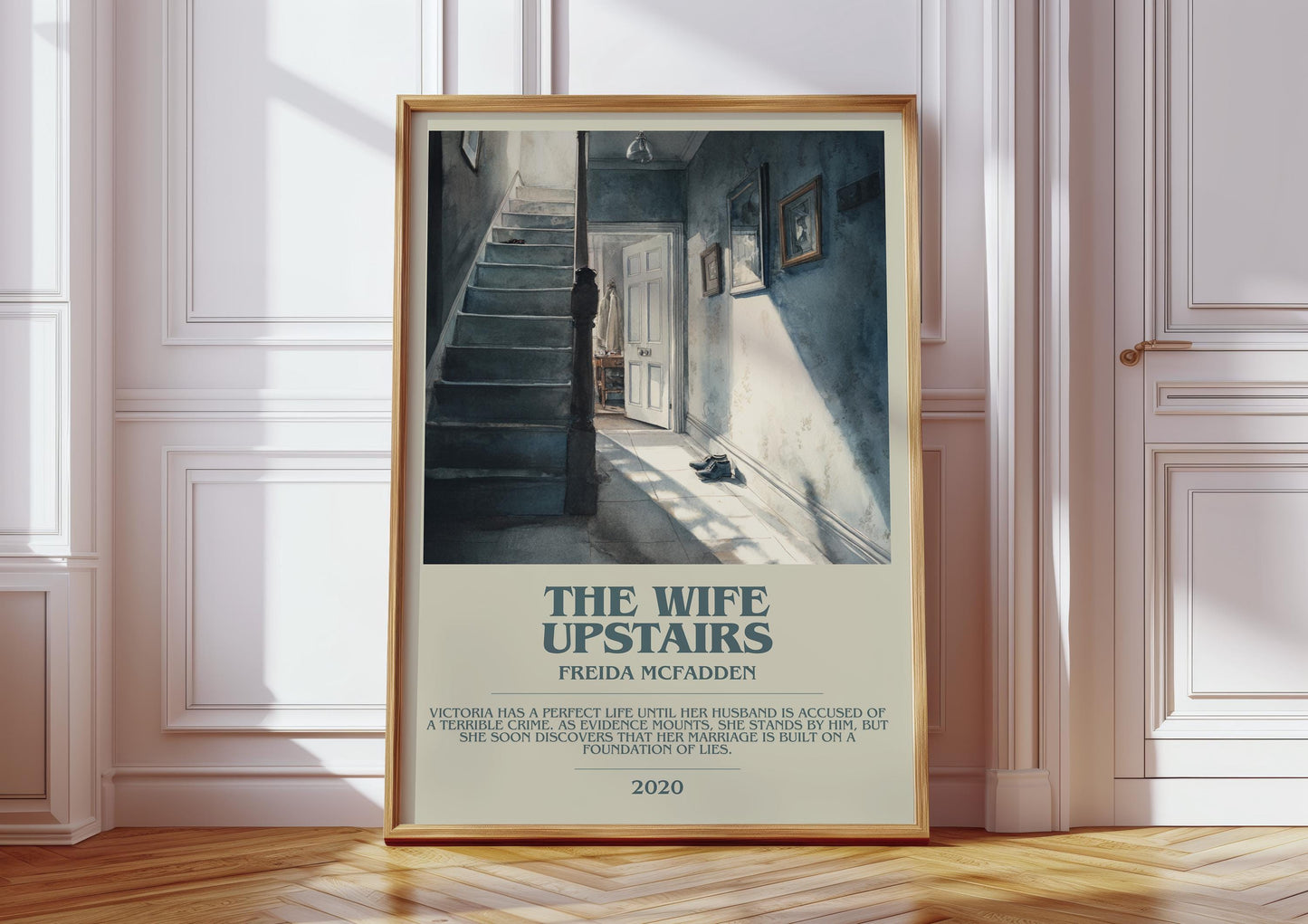 The Wife Upstairs bookish print in frame leaning in hallway – classic literature wall art