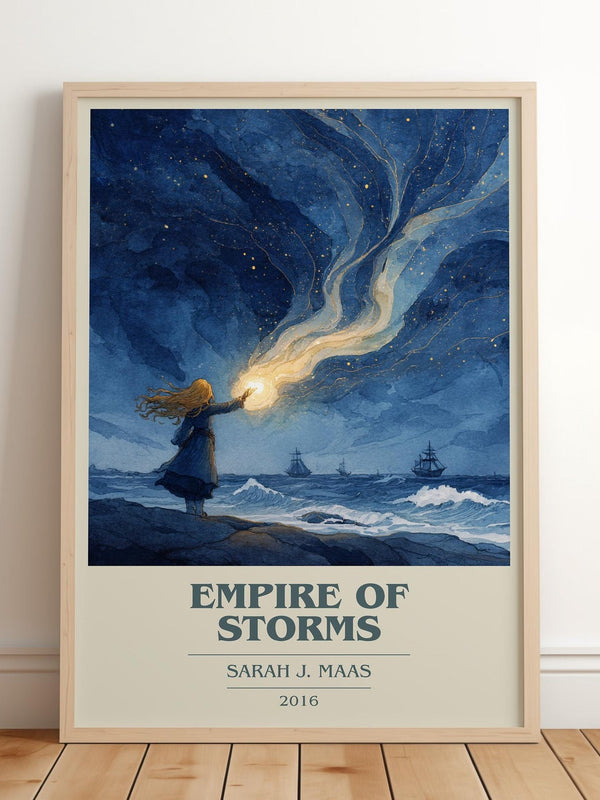 Empire of Storms book cover print in frame leaning in hallway – fantasy wall art