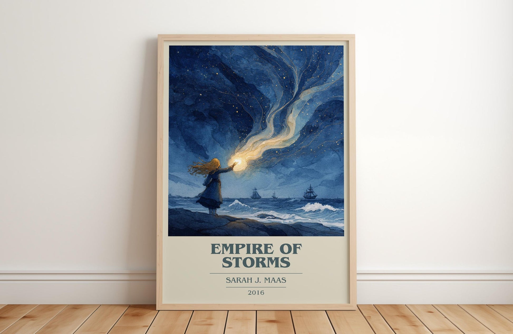 Empire of Storms book cover print in frame leaning in hallway – fantasy wall art