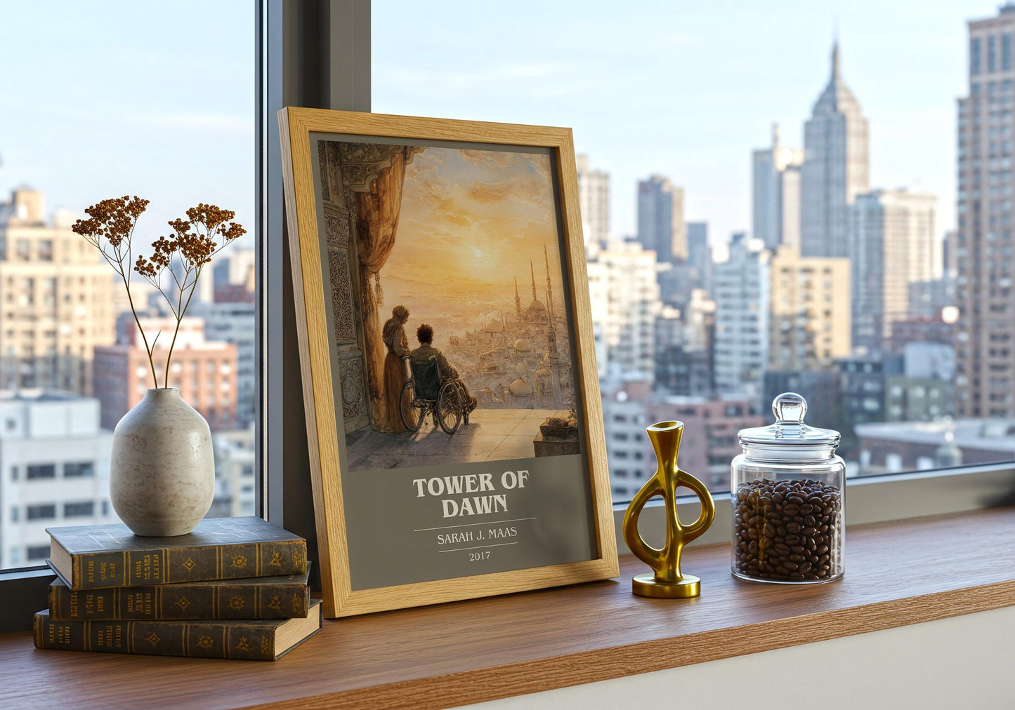 Tower of Dawn book cover print on bookshelf – Sarah J. Maas fan gift