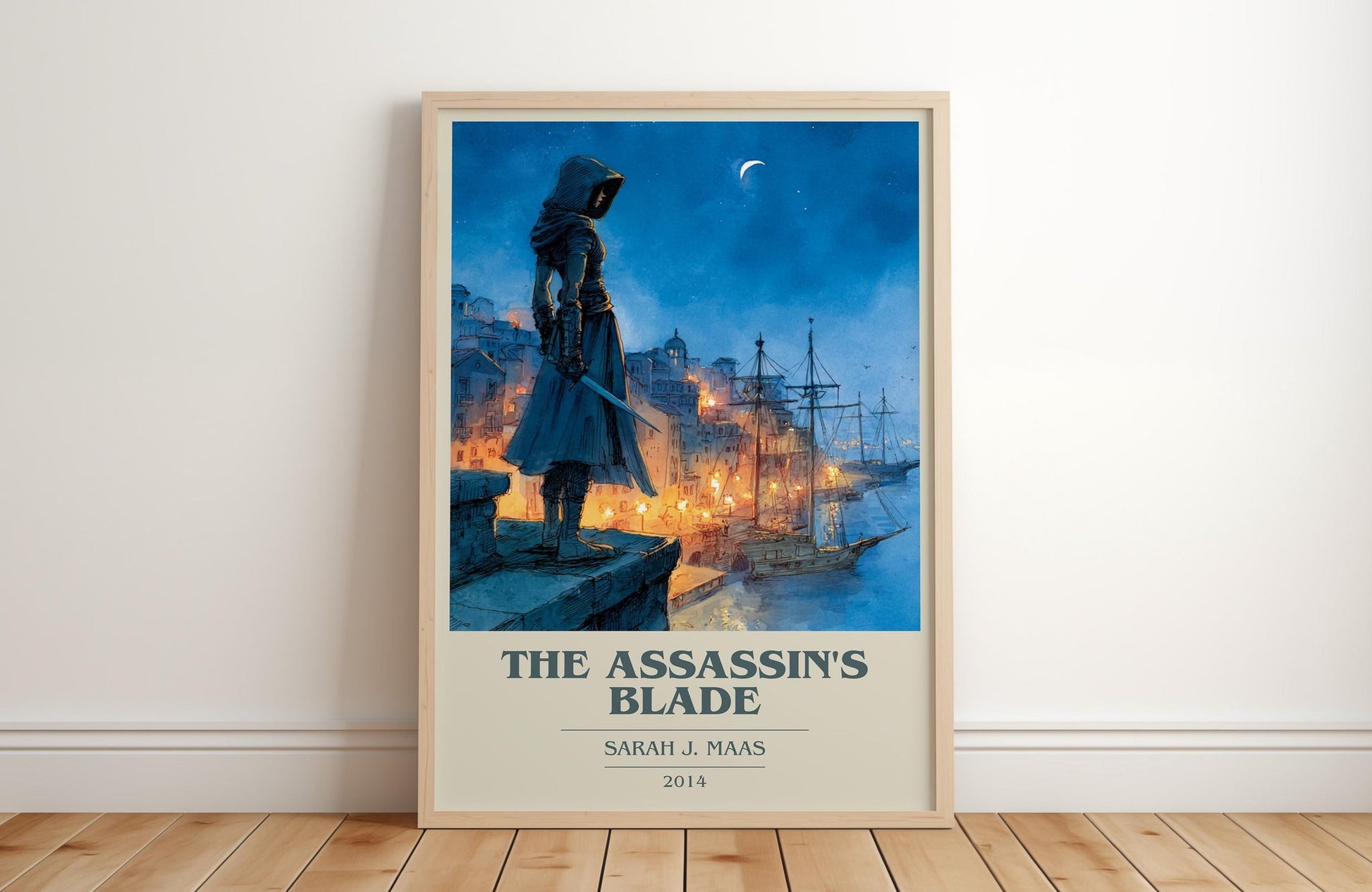 The Assassin's Blade book cover print in frame leaning in hallway – fantasy wall art