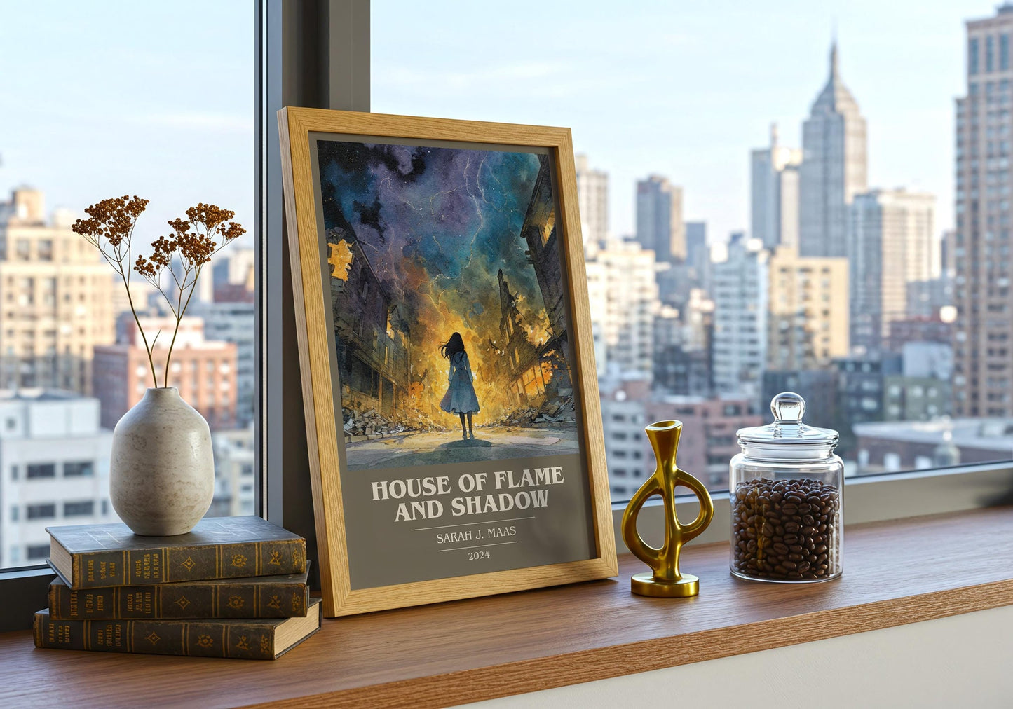 House Of Flame And Shadow book cover print framed by window – literary home decor