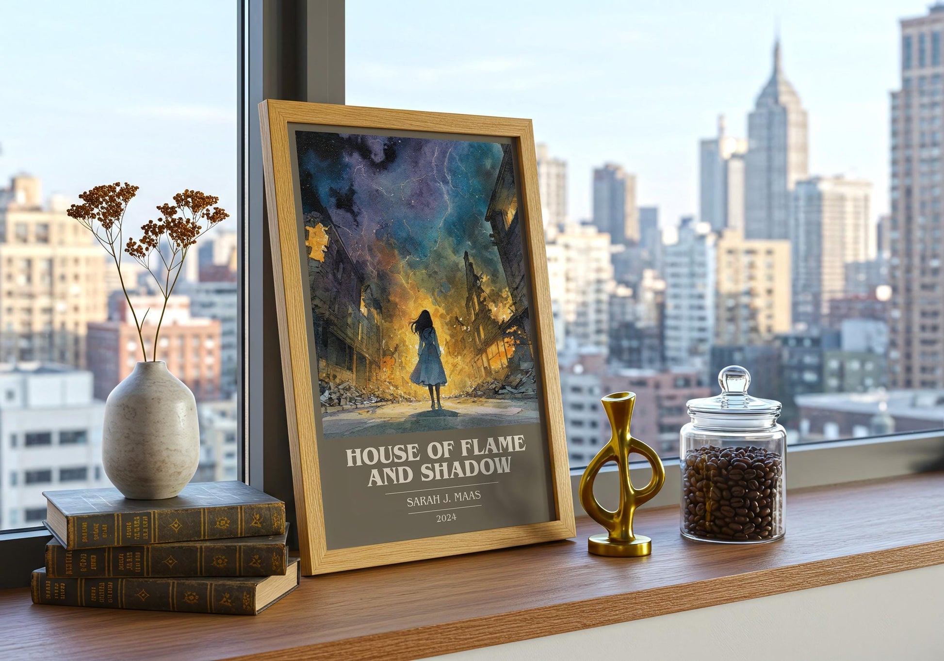 House Of Flame And Shadow book cover print framed by window – literary home decor