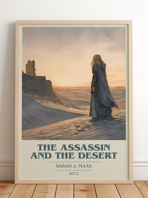 The Assassin And The Desert book cover print in frame leaning in hallway – fantasy wall art