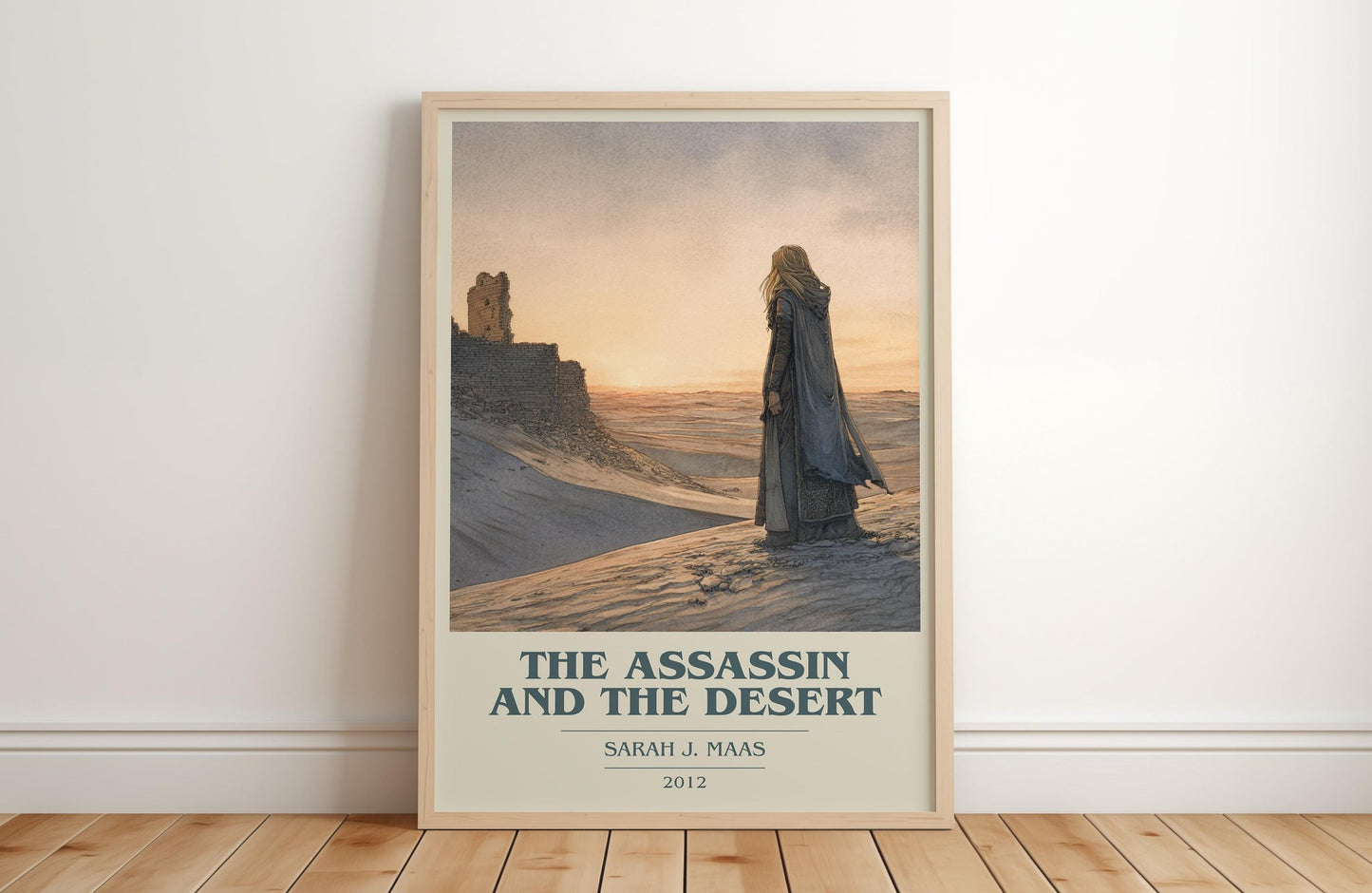 The Assassin And The Desert book cover print in frame leaning in hallway – fantasy wall art