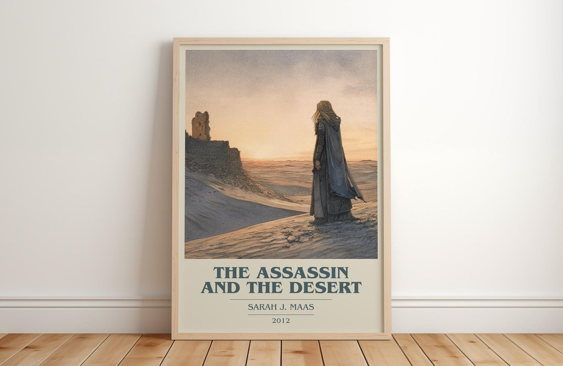 The Assassin And The Desert book cover print in frame leaning in hallway – fantasy wall art