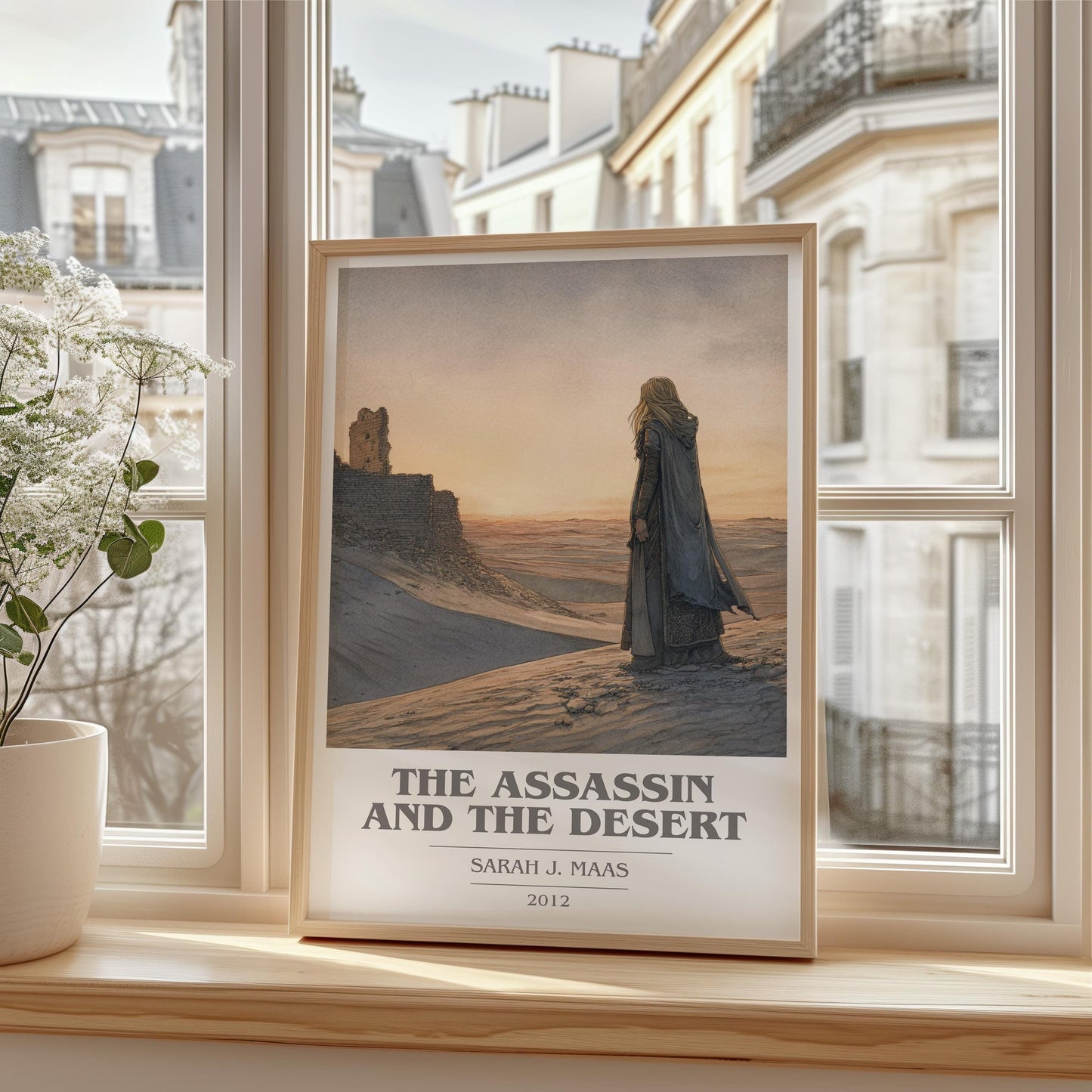 The Assassin And The Desert book cover print framed by window – literary home decor