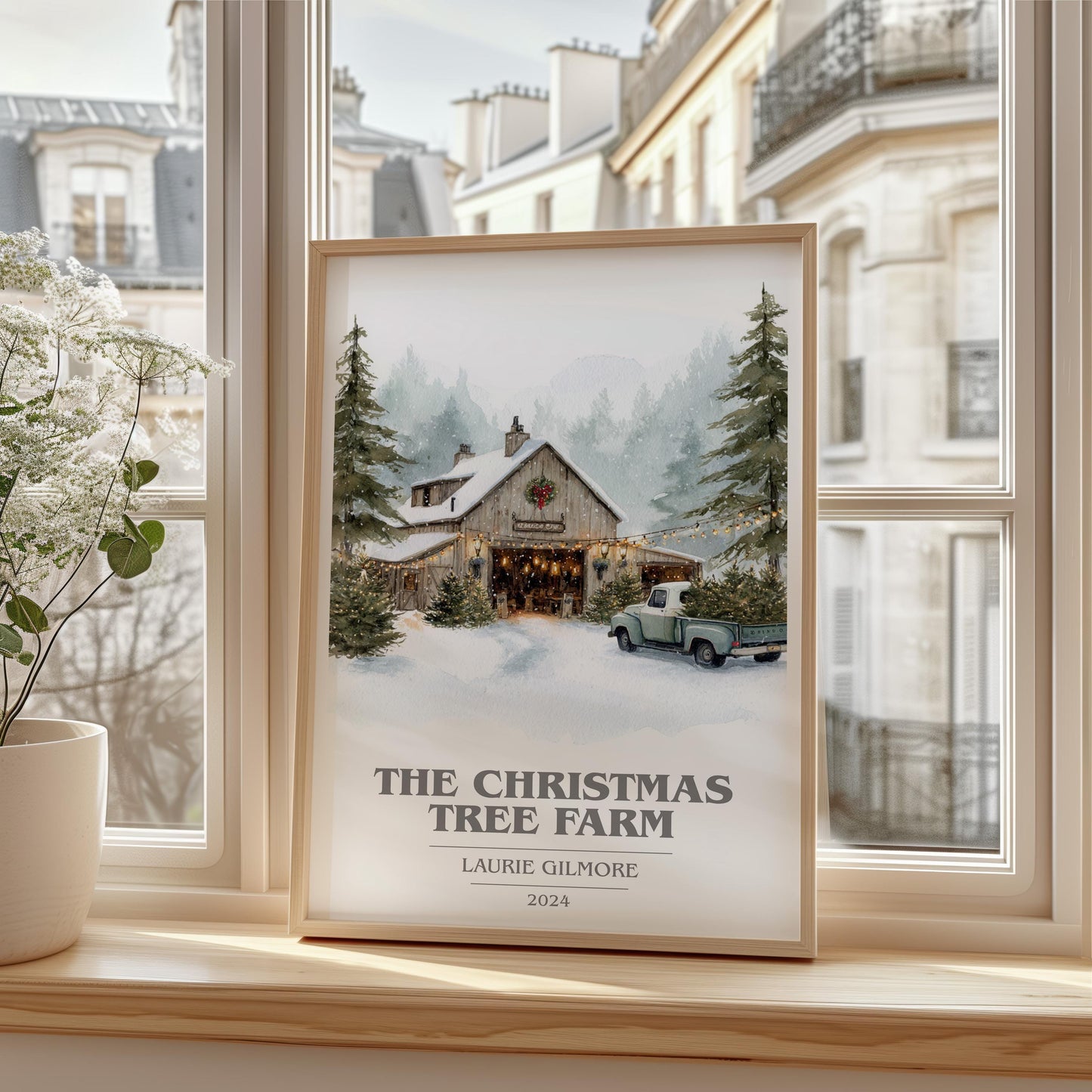 The Christmas Tree Farm book cover print framed by window – literary home decor